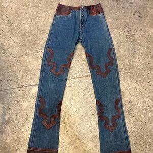 Skkin OOAK Custom Made Blue and Burgundy Red Genuine Leather Jeans Women’s XS